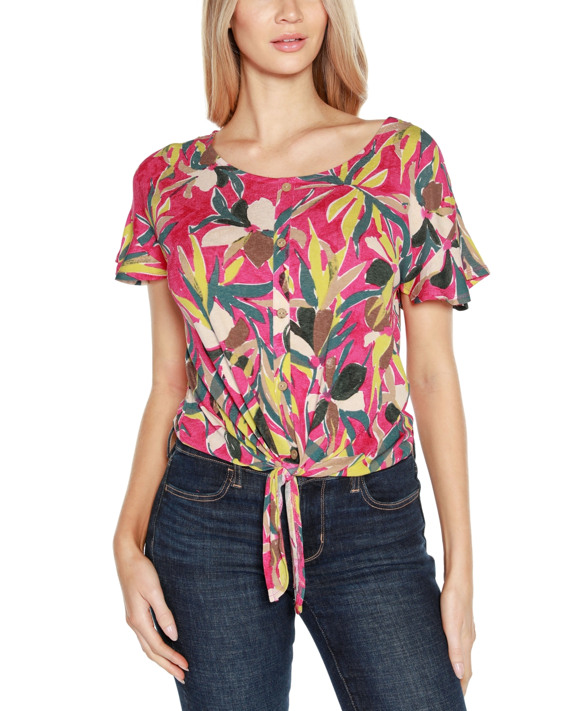 Shop Belldini Women's Tie-hem Flutter-sleeve Printed Top In Tropical Fuchsia Combo