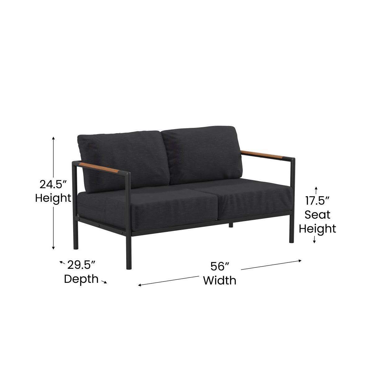 Eastport Outdoor Loveseat With Removable Plush Fabric Cushions And Teak Accented Aluminum Frame