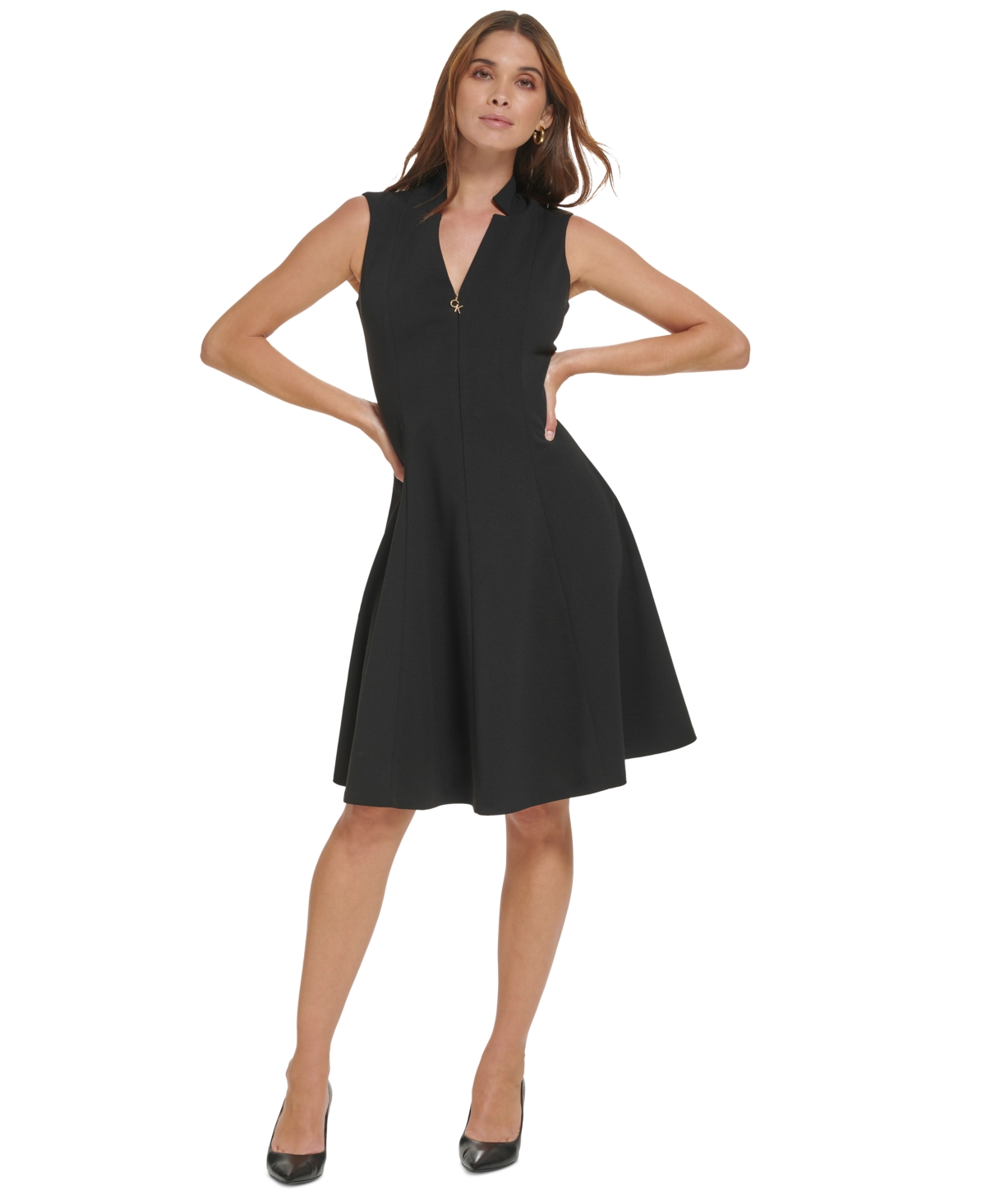 Shop Calvin Klein Women's Collared V-neck Sleeveless A-line Dress In Black