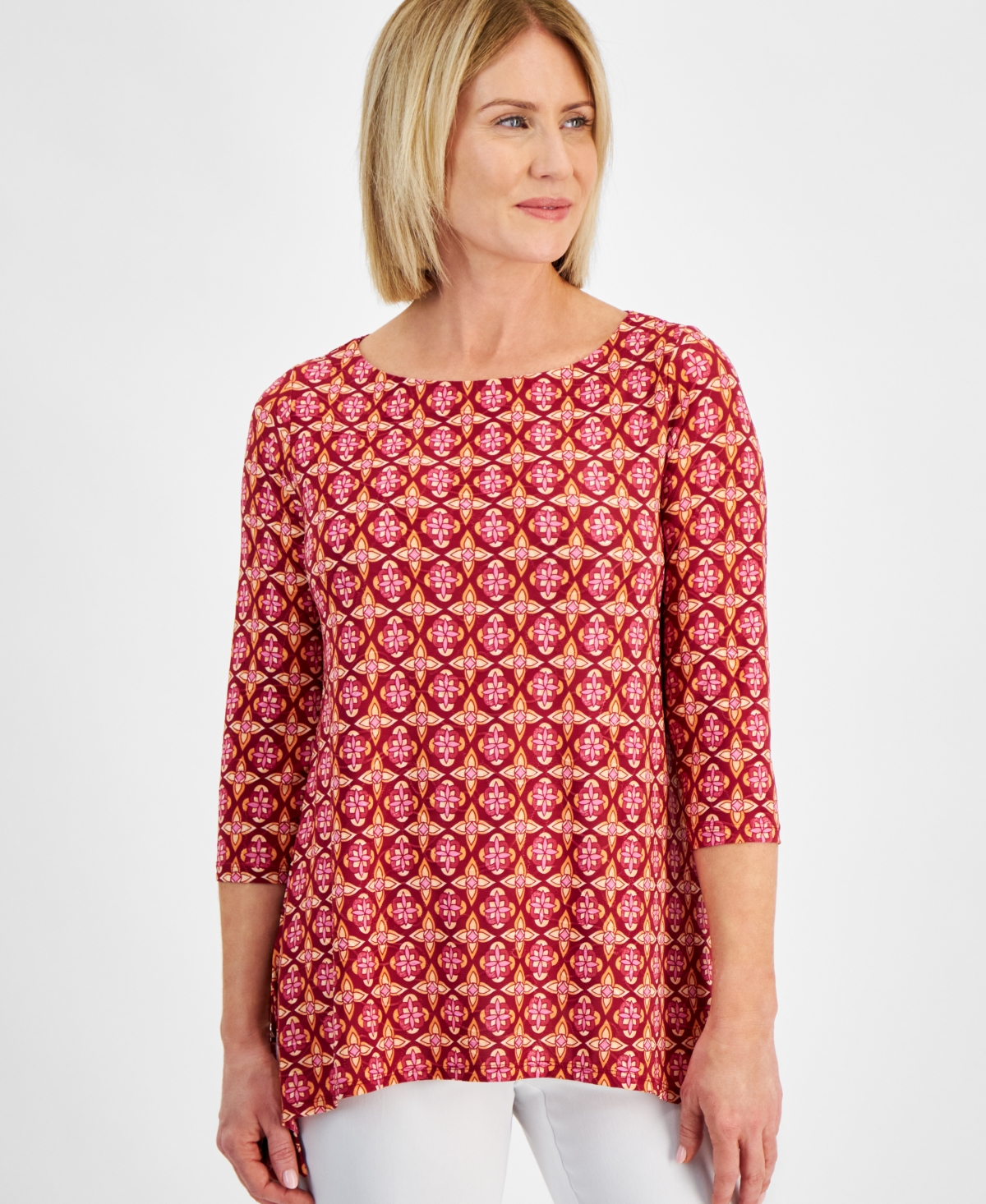 Petite Francesca Foulard Printed Jacquard 3/4-Sleeve Swing Top, Created for Macy's - Ruby Slippers Combo