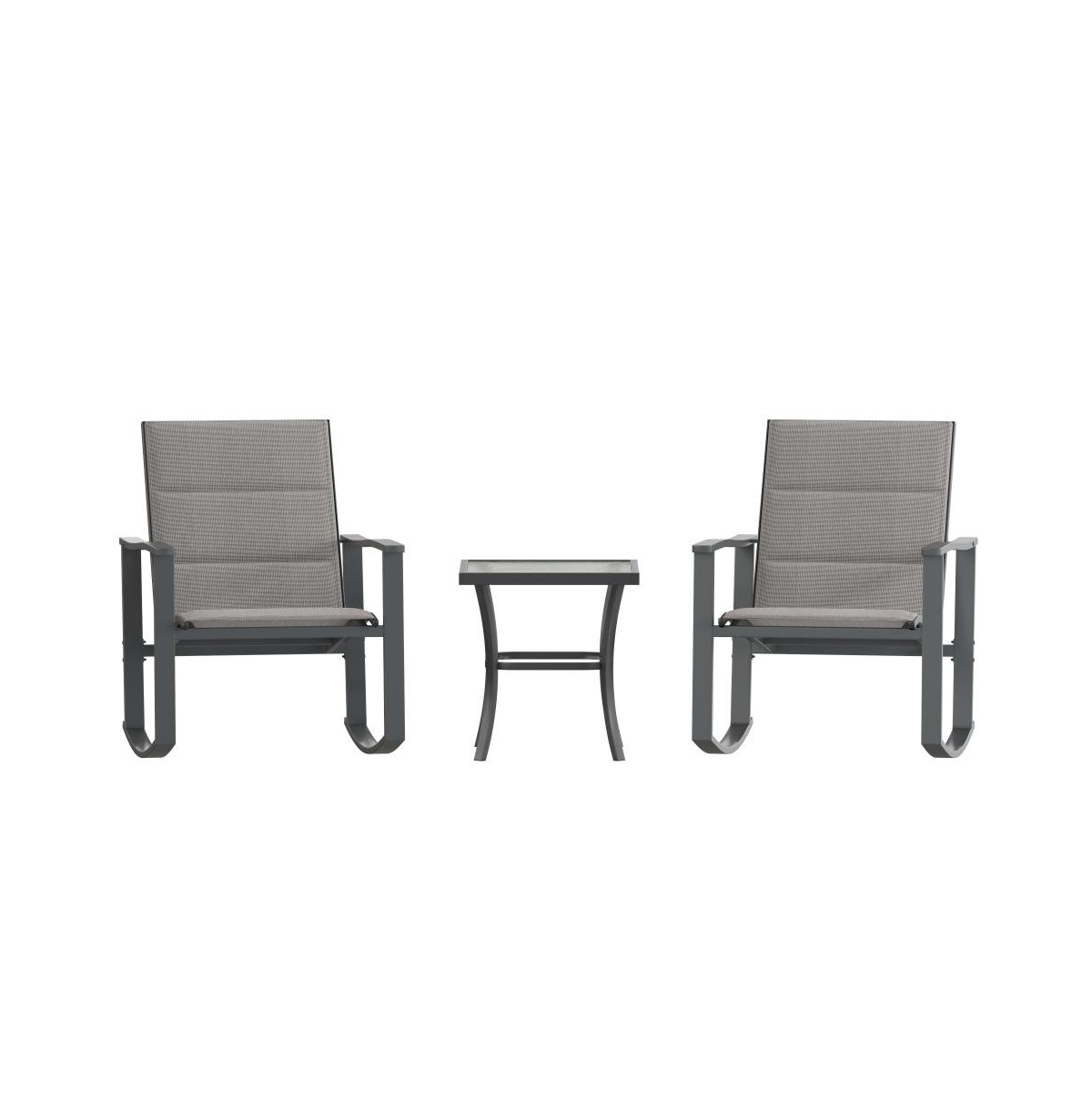 Brevyn 3 Piece Outdoor Bistro Set With Flex Comfort Rocking Chairs And Steel Framed Glass Top Table -black