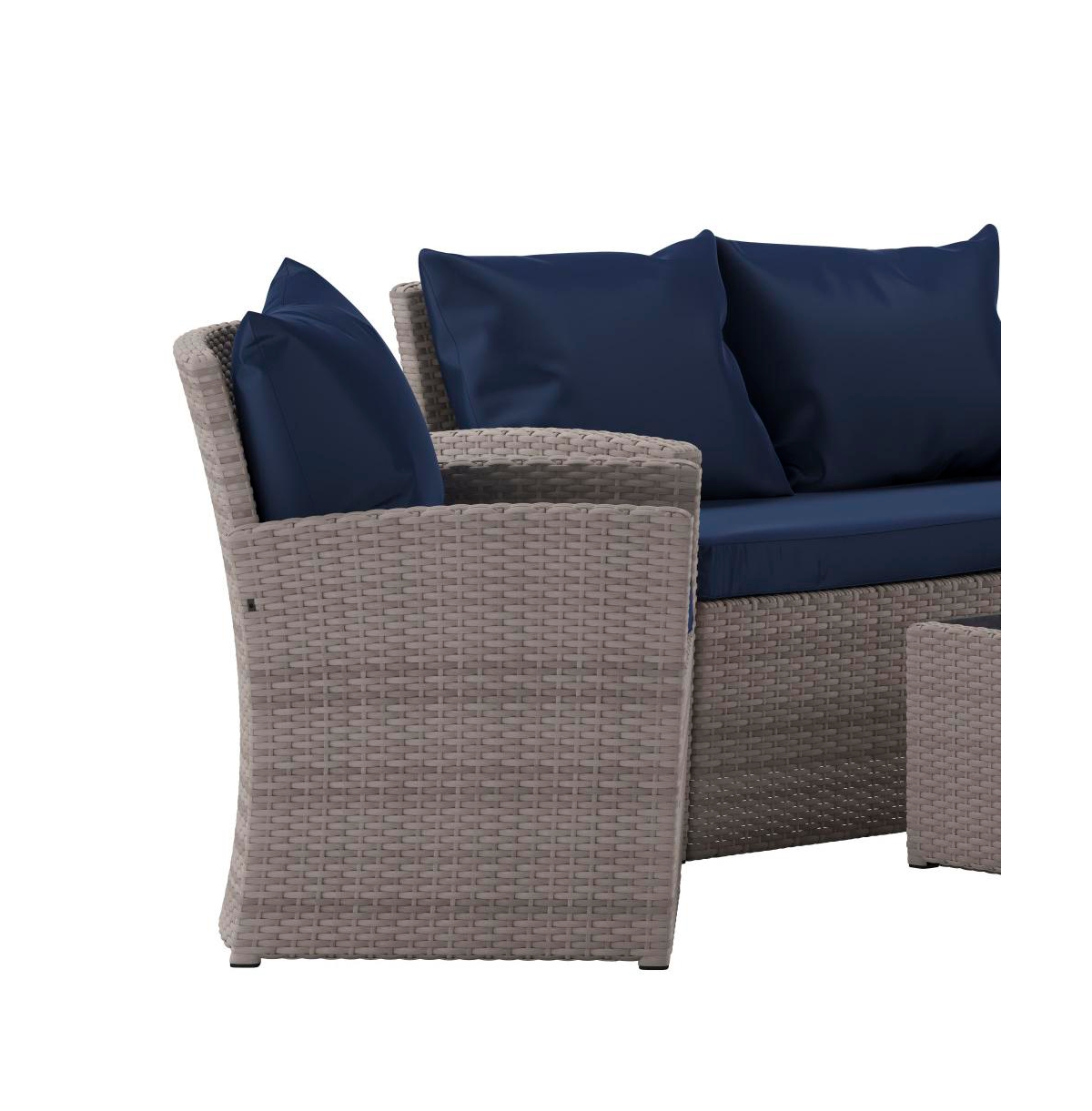Atlas 4 Piece Patio Set Contemporary Loveseat, 2 Chair And Coffee Table Set With Back Pillows And Seat Cushions -navy