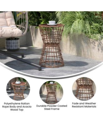 Ari All-Weather Faux Rattan Rope Patio Table With Acacia Wood Top For Indoor And Outdoor Use