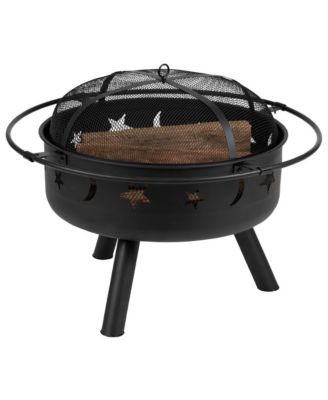 Round Wood Burning Sun & Moon Cutout Outdoor Firepit With Mesh Spark Screen