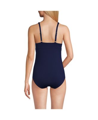 Women's Chlorine Resistant Shirred V-neck One Piece Swimsuit