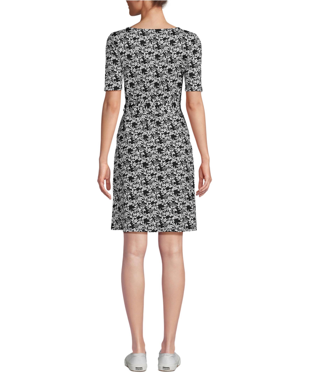 Lands' End Women's Elbow Sleeve Tie Waist Dress -white graphic floral