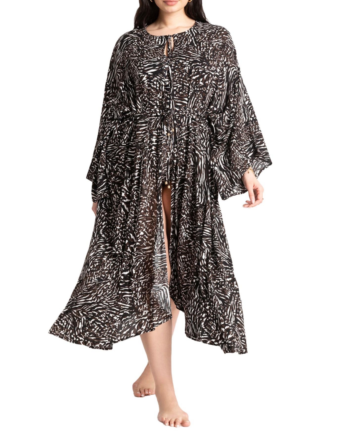 Plus Size Selfbelt Front Cover Up Kaftan - In the jungle