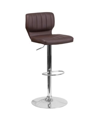 Set Of Two Swivel Bar Stools With Vertical Stitched Back And Adjustable Chrome Base With Footrest