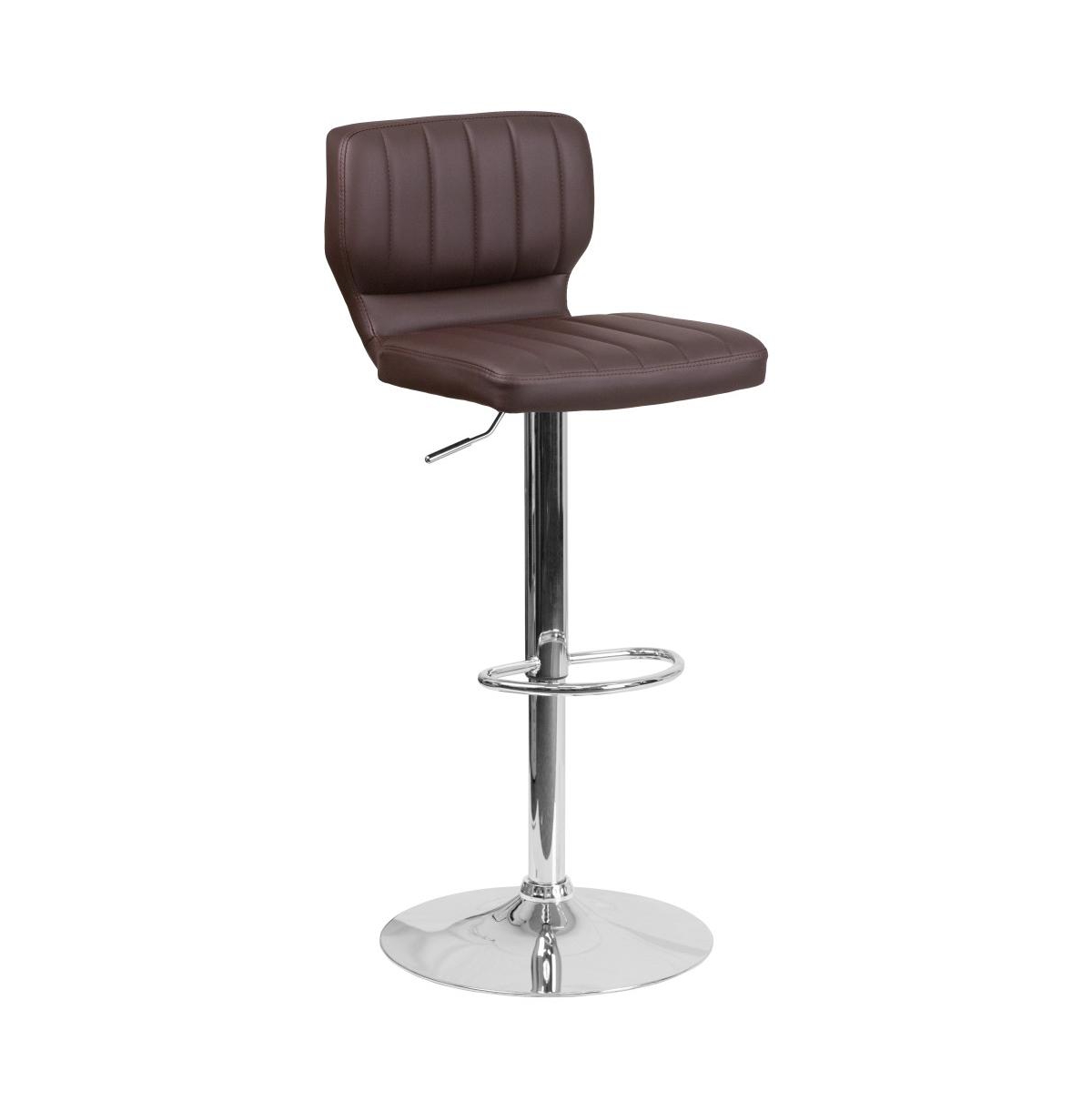 Set Of Two Swivel Bar Stools With Vertical Stitched Back And Adjustable Chrome Base With Footrest