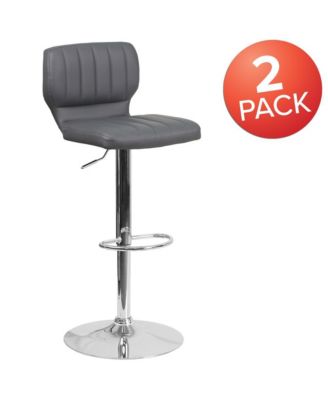 Set Of Two Swivel Bar Stools With Vertical Stitched Back And Adjustable Chrome Base With Footrest