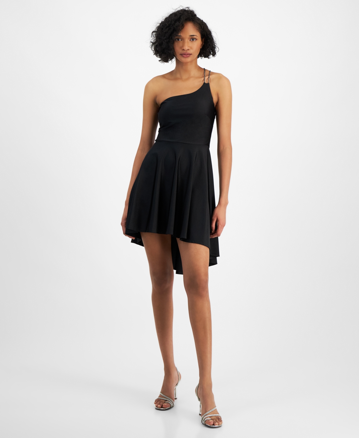 City Studios Juniors' One-shoulder Double-strap High-low Dress In Black