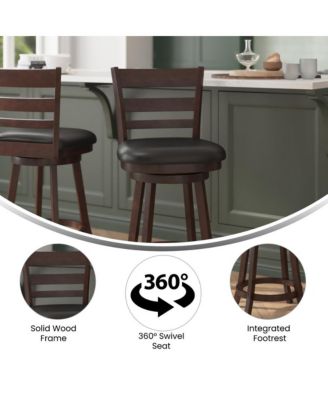 Silla 24" Classic Wooden Ladderback Swivel Counter Height Stool With Upholstered Padded Seat And Integrated Footrest