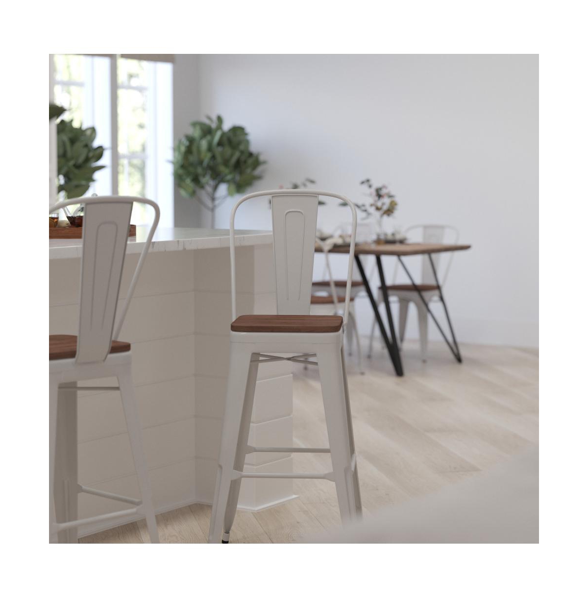 Merrick Lane Donnelly Metal Dining Stool With Curved Slatted Back And Textured Wood Seat