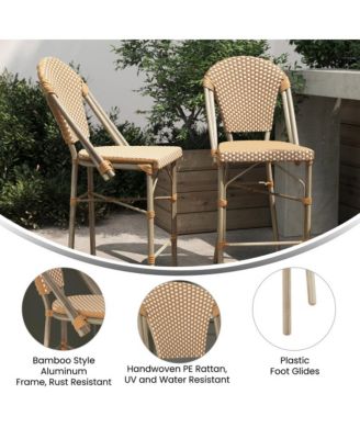 Celia Set Of Two Indoor/Outdoor Stacking Bistro Counter Stools With White And Gray Patterned Seats And Backs & Bamboo Finished Metal Frames