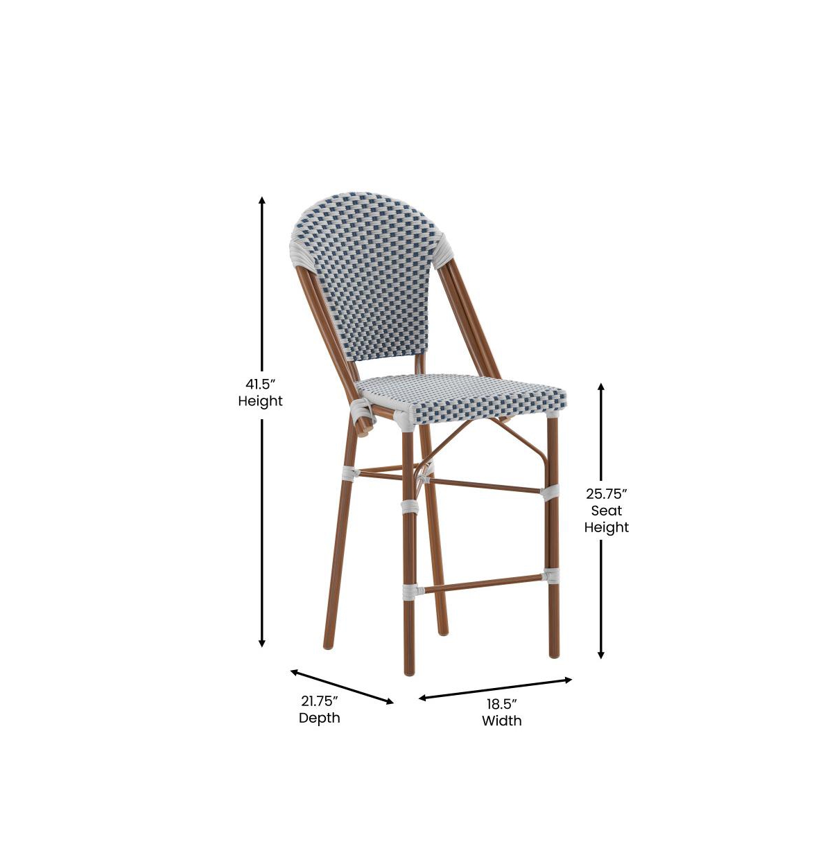 Merrick Lane Celia Set Of Two Indoor/Outdoor Stacking Bistro Counter Stools With White And Gray Patterned Seats And Backs & Bamboo Finished Metal Fram