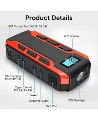 Portable Car Jump Starter: 800A Peak- 10,000mAh 6.0L Gas/3.0L Diesel