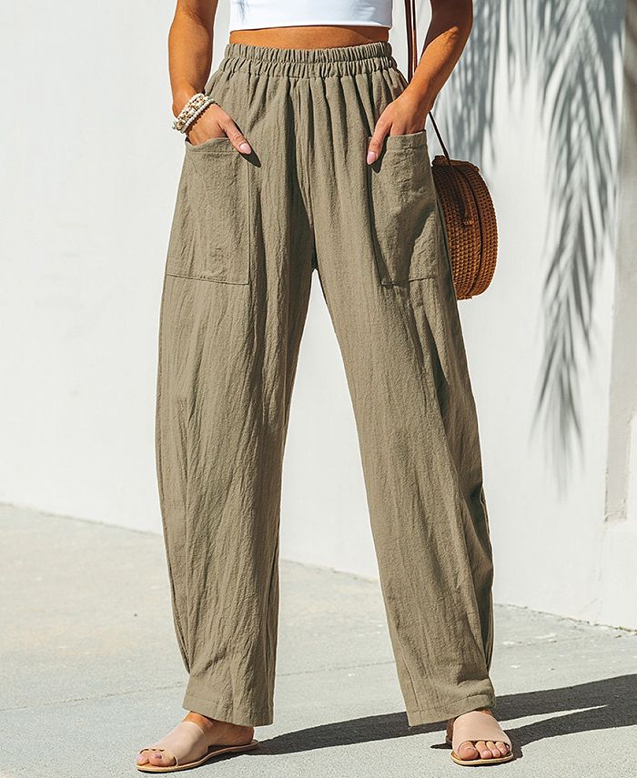 Jungle Green Drawstring Elastic Waist Patch Pocket Barrel Leg Casual Pants