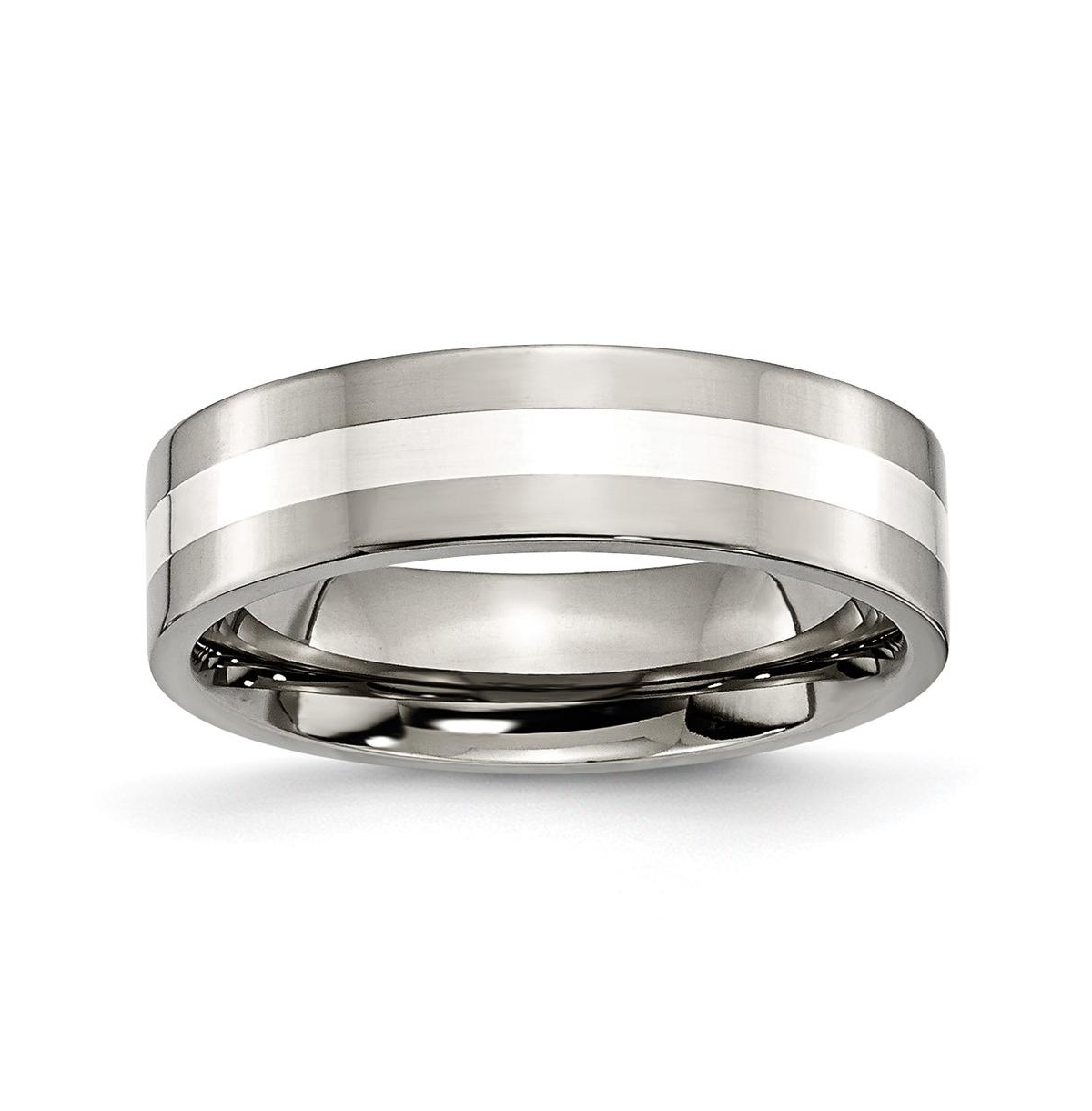 Titanium Sterling Silver Inlay Flat Wedding Band Ring