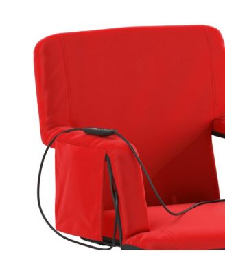 heated reclining with armrests, padded polyester, portable stadium chair with dual pockets and backpack straps.