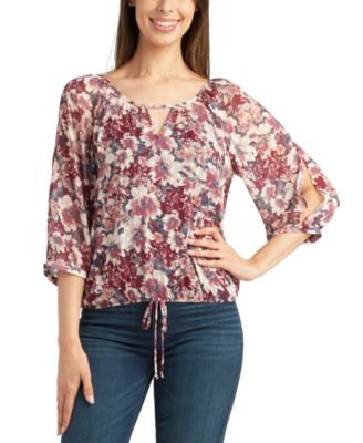 BCX - Juniors' Printed Keyhole Sheer Clip-Dot Blouse
