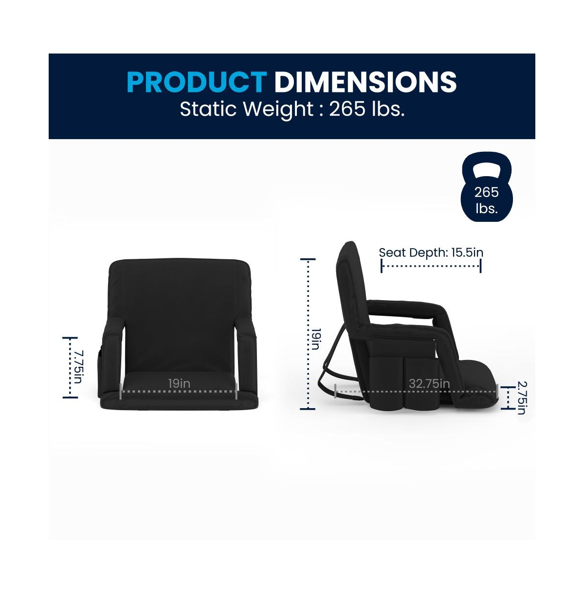 Extra Wide Portable Stadium Chair With Reclining Padded Back & Seat, Lightweight Metal Frame With Armrests & Backpack Straps