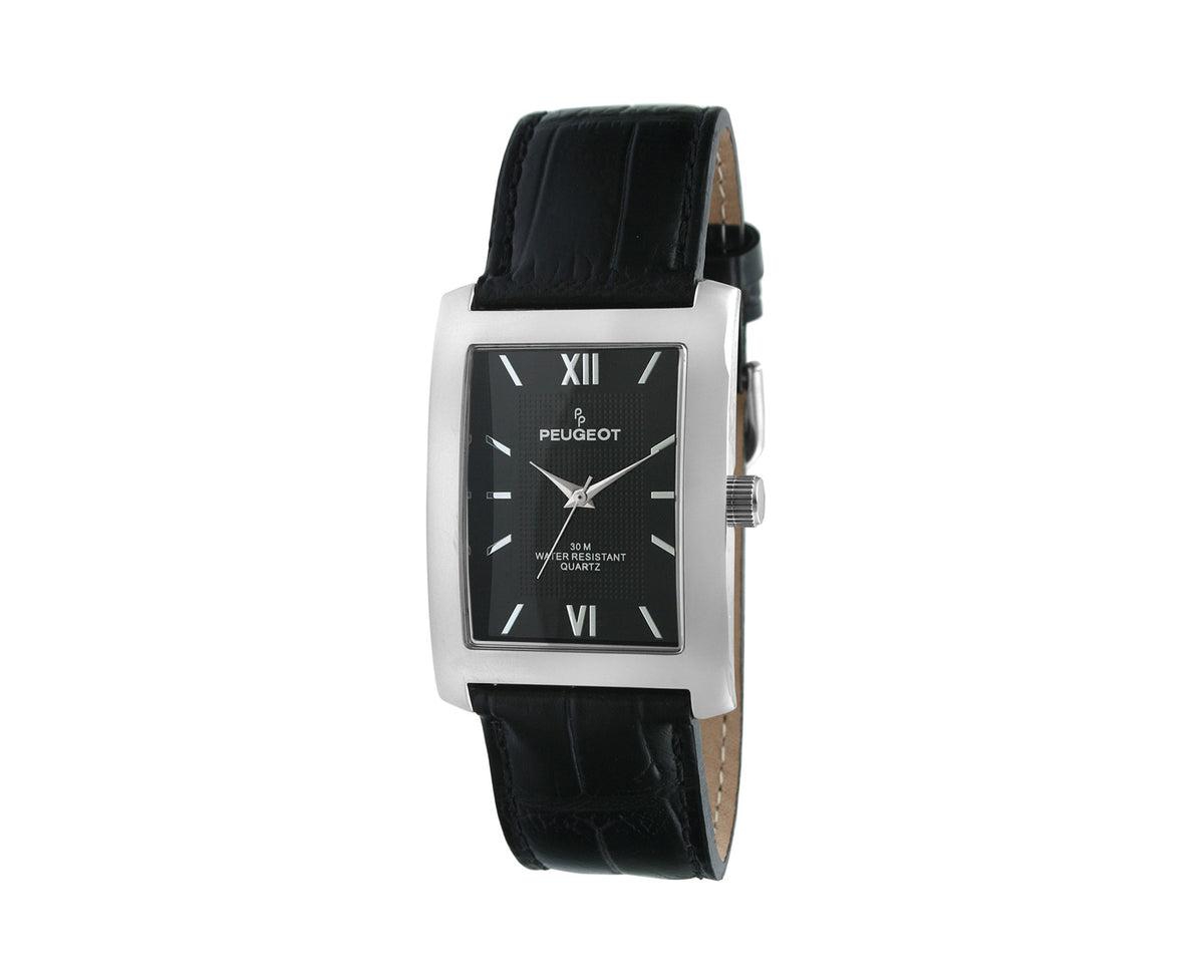 Men's 30X40mm Silver Tank Shape Watch with Black Dial and Black Leather Strap - Black