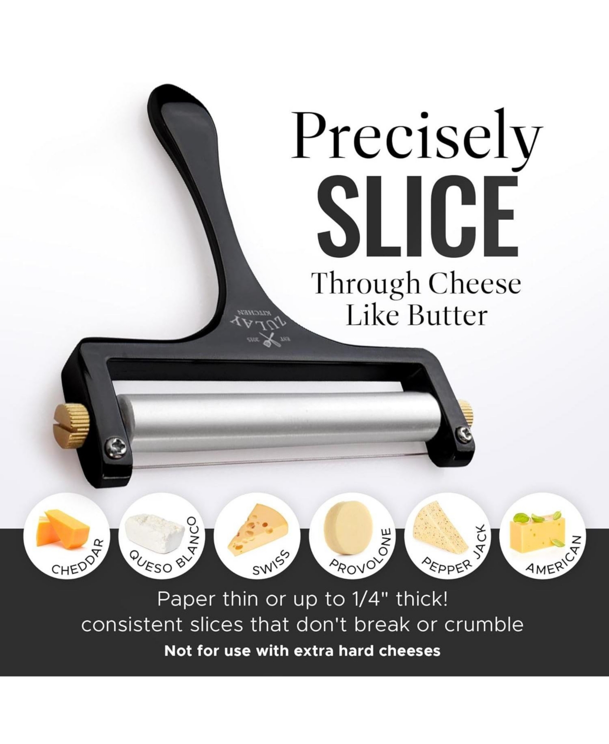 Zulay Kitchen Stainless Steel Wire Cheese Slicer - Adjustable Hand Held Cheese Cutter with 2 Extra Wires