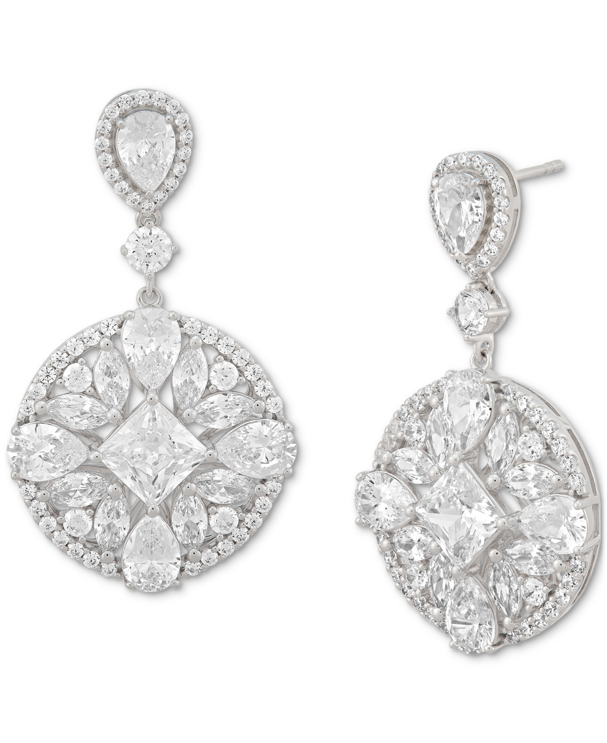 Arabella Cubic Zirconia Mixed Cut Circle Cluster Drop Earrings In Sterling Silver In Silver