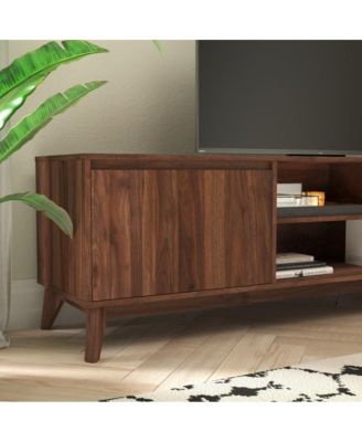 Beverly Mid-Century Modern Wooden Tv Stand With Soft Close Doors, Shelf, Cord Management Hole And Tapered Legs