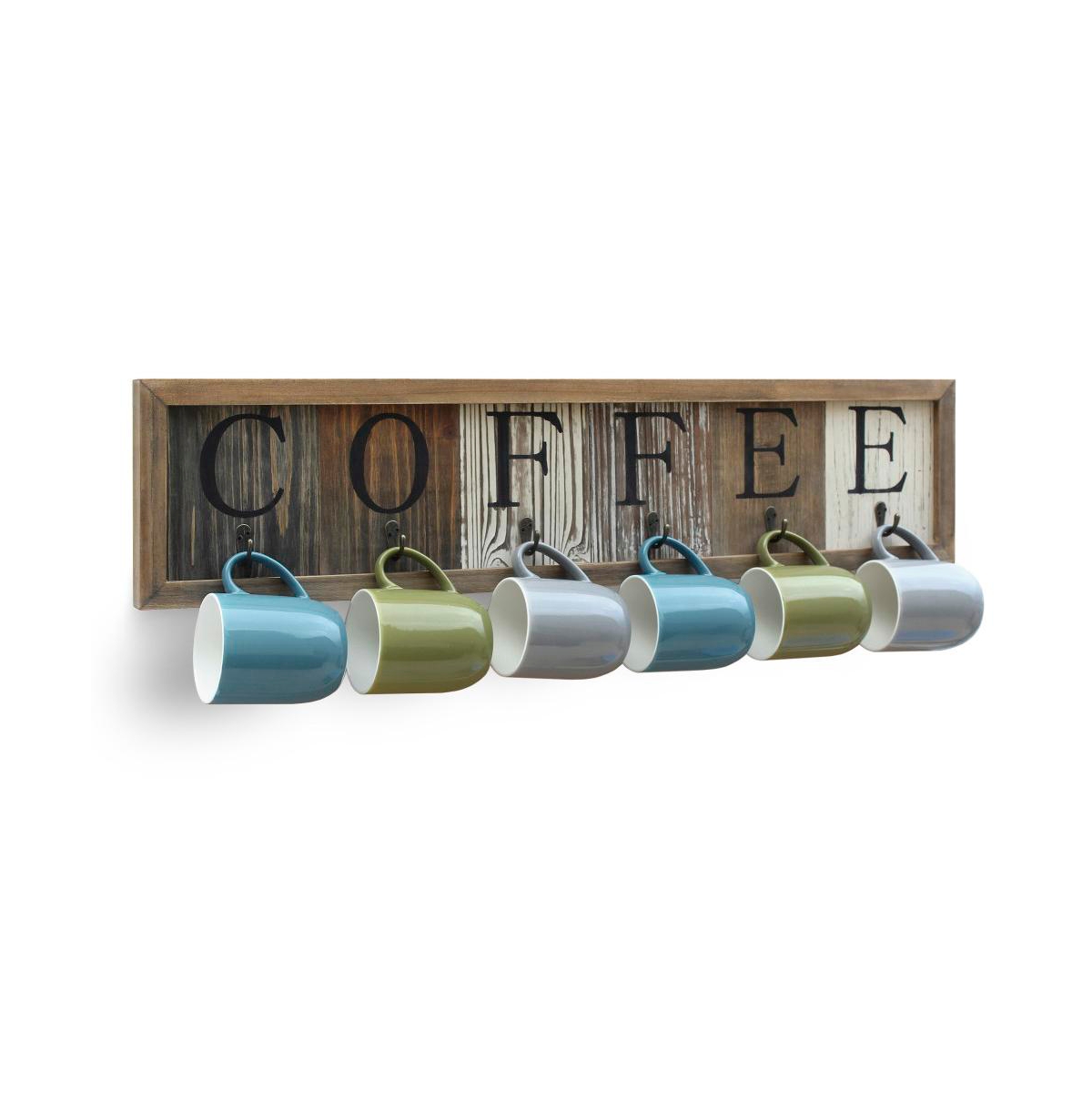 Rustic Coffee Mug Rack Wall Mounted, Printed Coffee Sign - 6 Coffee Cup Hooks - Wooden Coffee Mug Organizer - Distressed Coffee Rack Sign (31.5