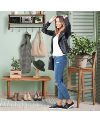 Rustic Coat Rack Wall Mounted Shelf With Hooks & Baskets, Entryway Organizer Wall Shelf With 5 Coat Hooks And Cubbies
