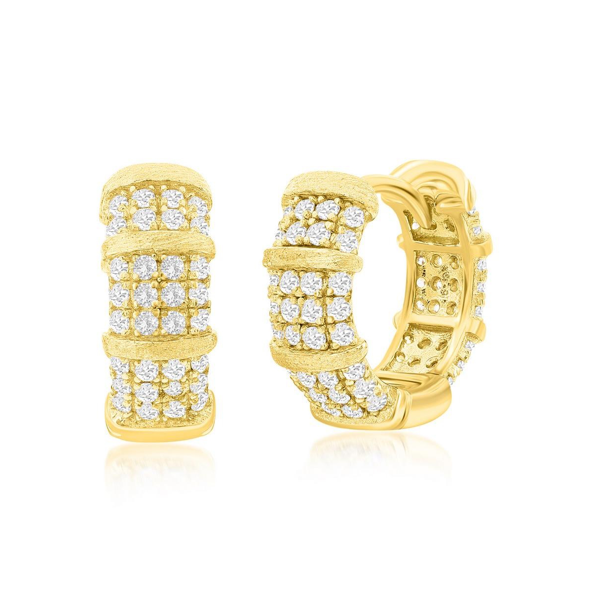 Gold Plated Over Sterling Silver Pave Cz Matte 15mm Hoop Earrings - Gold