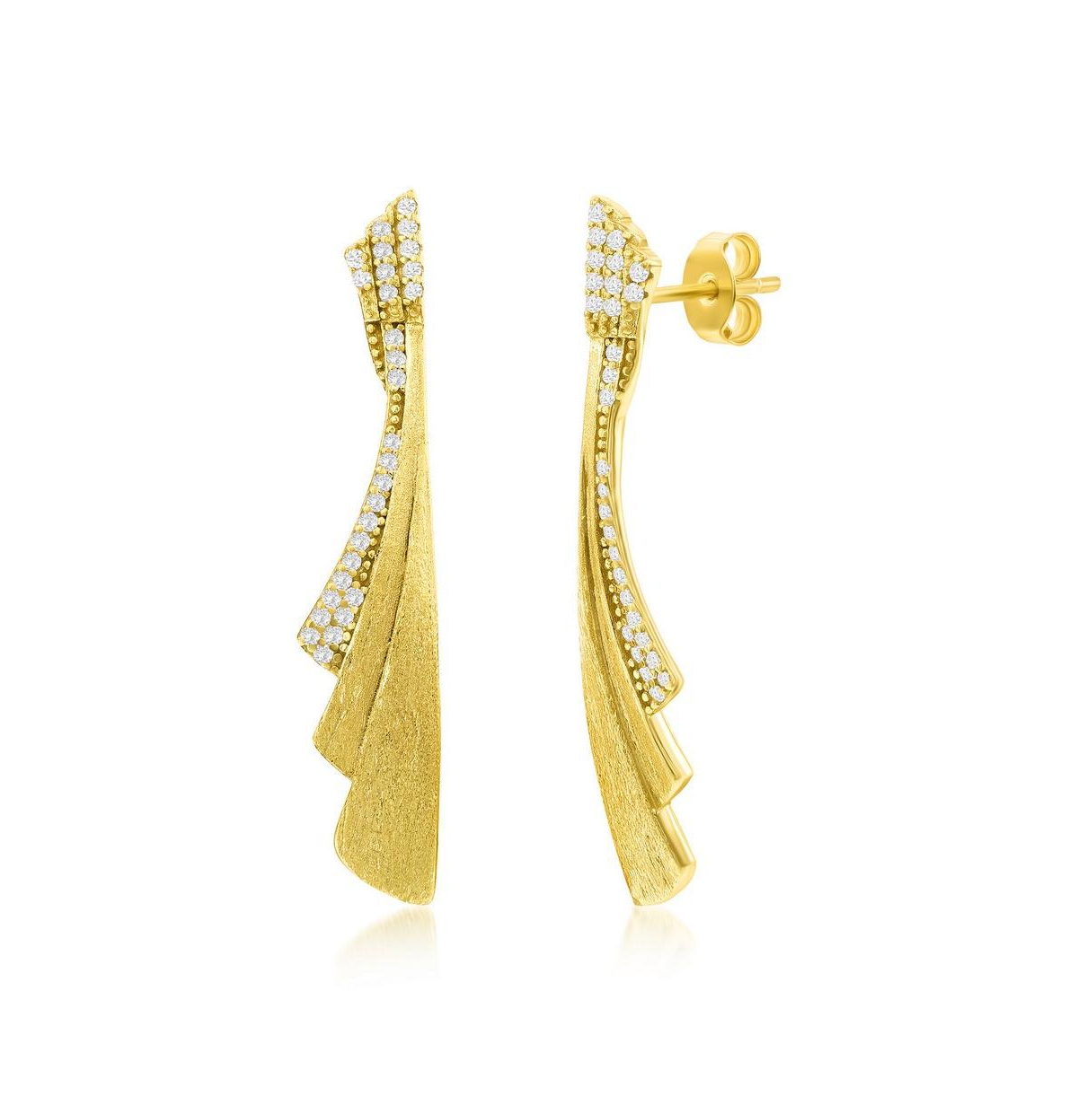 Gold Plated Over Sterling Silver Irregular Shaped Brushed Cz Earrings - Gold
