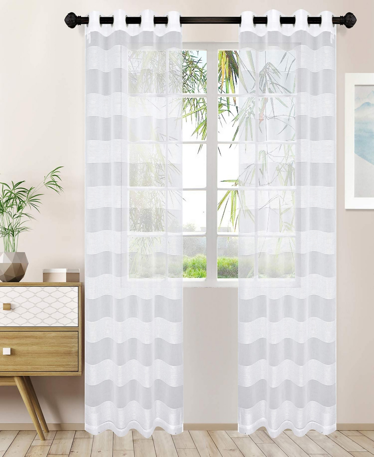 Traditional Dalisto Rope Textured Sheer Modern 2-Piece Curtain Set with Grommet Top Header, 52&#x22; X 108&#x22; - White