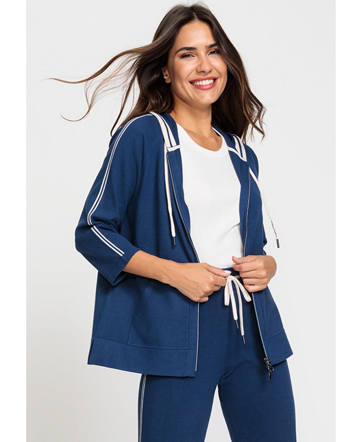 Women's 3/4 Sleeve Zip Front Knit Hoodie - Night blue