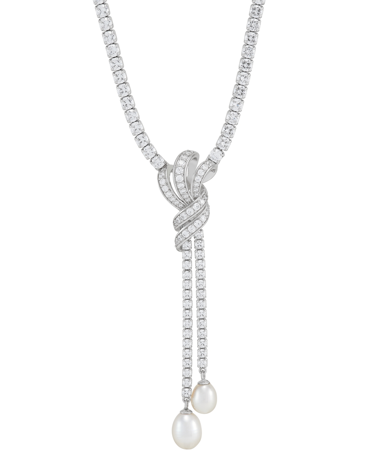 Freshwater Pearl (9x7mm & 8x6mm) Cubic Zirconia Knotted 17" Lariat Necklace in Sterling Silver - Sterling Silver