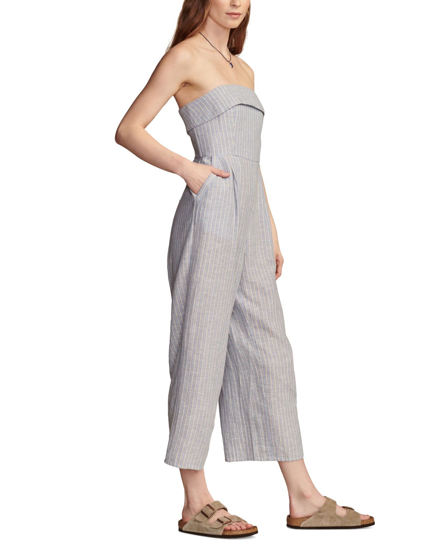 Женский комбинезон Lucky Brand Striped Strapless Cotton-Linen Cropped Jumpsuit, цвет: Синий полосатый — фото 3