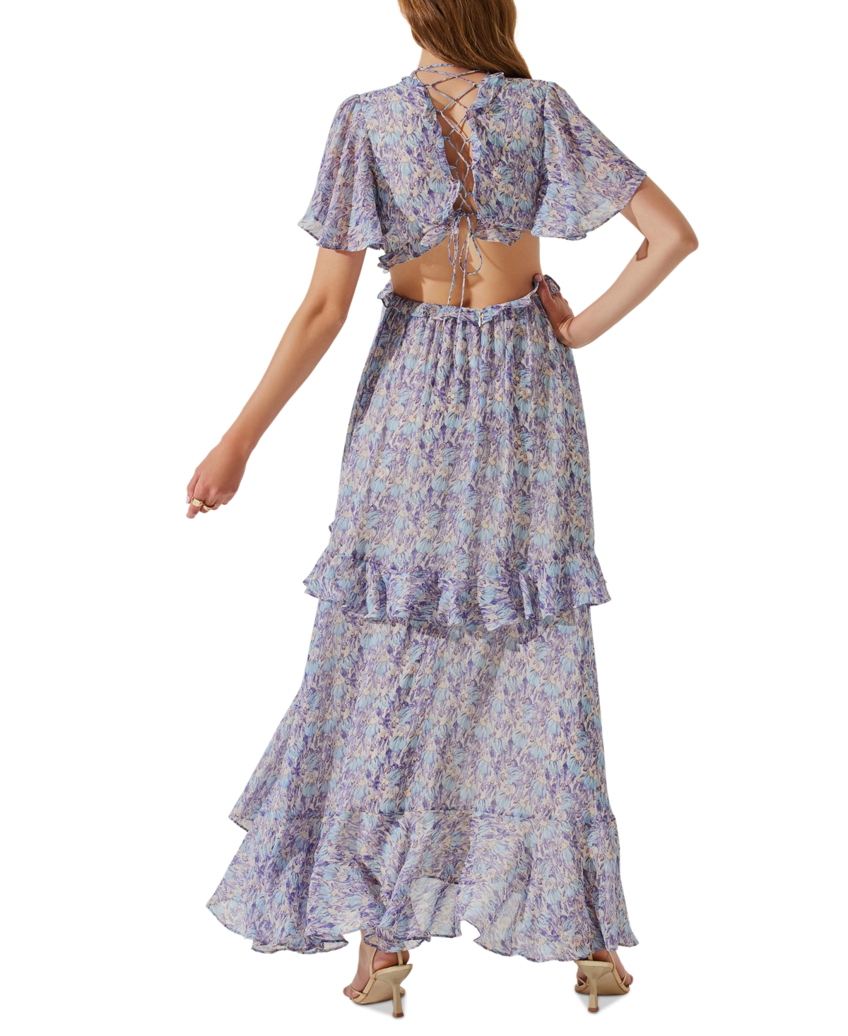 Astr the Label Cherli Ruffled Lace-Up Cutout-Back Maxi Dress -blue Floral
