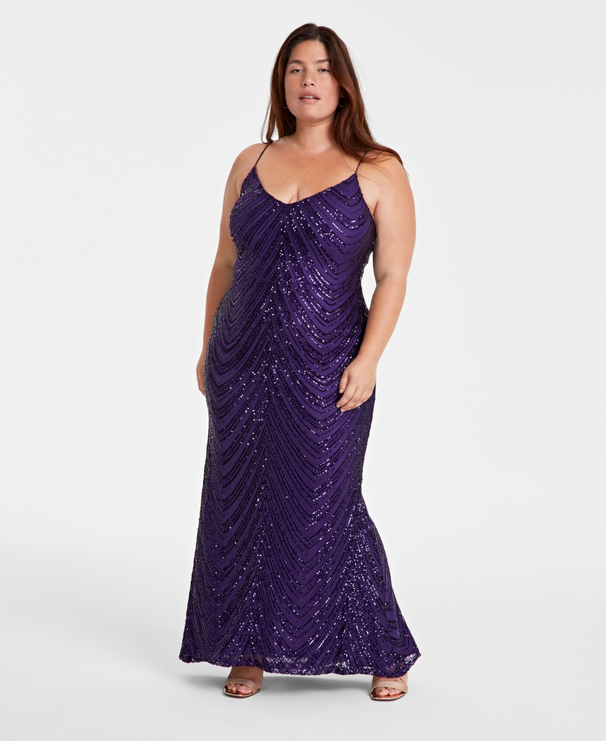 Trendy Plus Size Sequined V-Neck Sleeveless Gown - Dark Purple