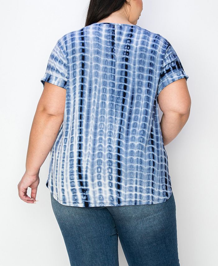 COIN 1804 Plus Tie Dye Zip Front Roll Short Sleeve Top - Macy's