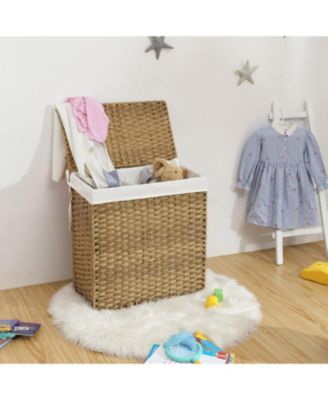 Synthetic Rattan Laundry Hamper with Lid, 2 Sections Removable Liner Bag