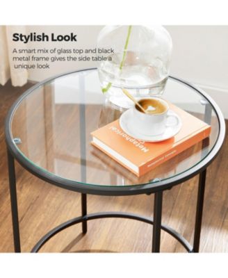Round Side Table, Glass End Table With Metal Frame, Small Coffee Accent Table Set of 2