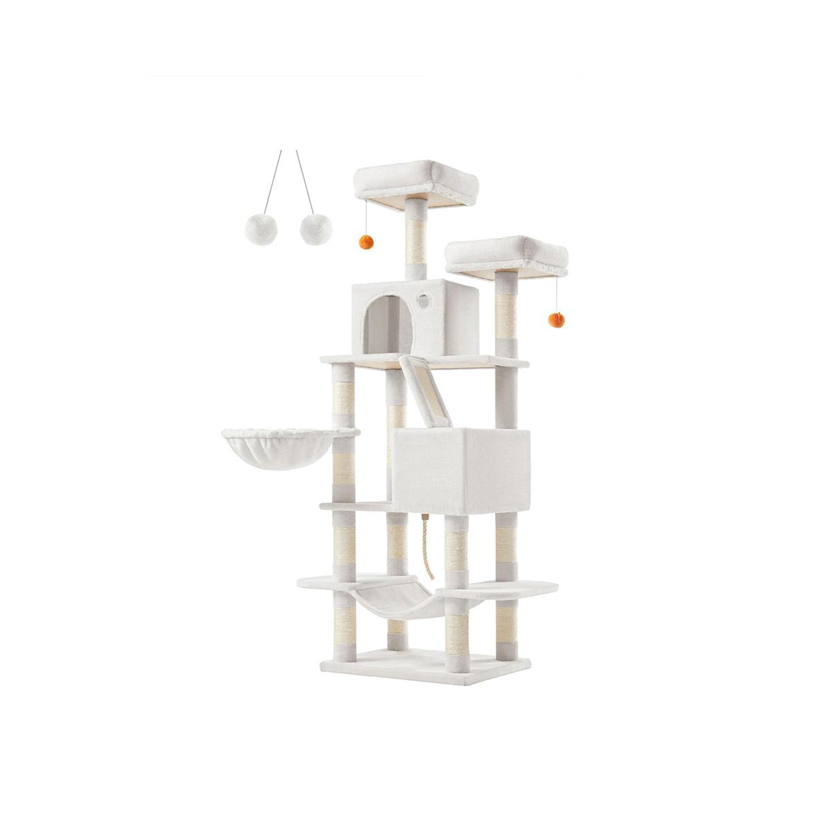 Cat Tree With 13 Scratching Posts, 2 Perches, 2 Caves, Basket, Hammock, Pompoms - Light grey