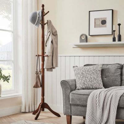 Coat Rack With 10 Hooks, Rubber Wood Coat Tree Free Standing, For Clothes, Hats, Handbags, Umbrella