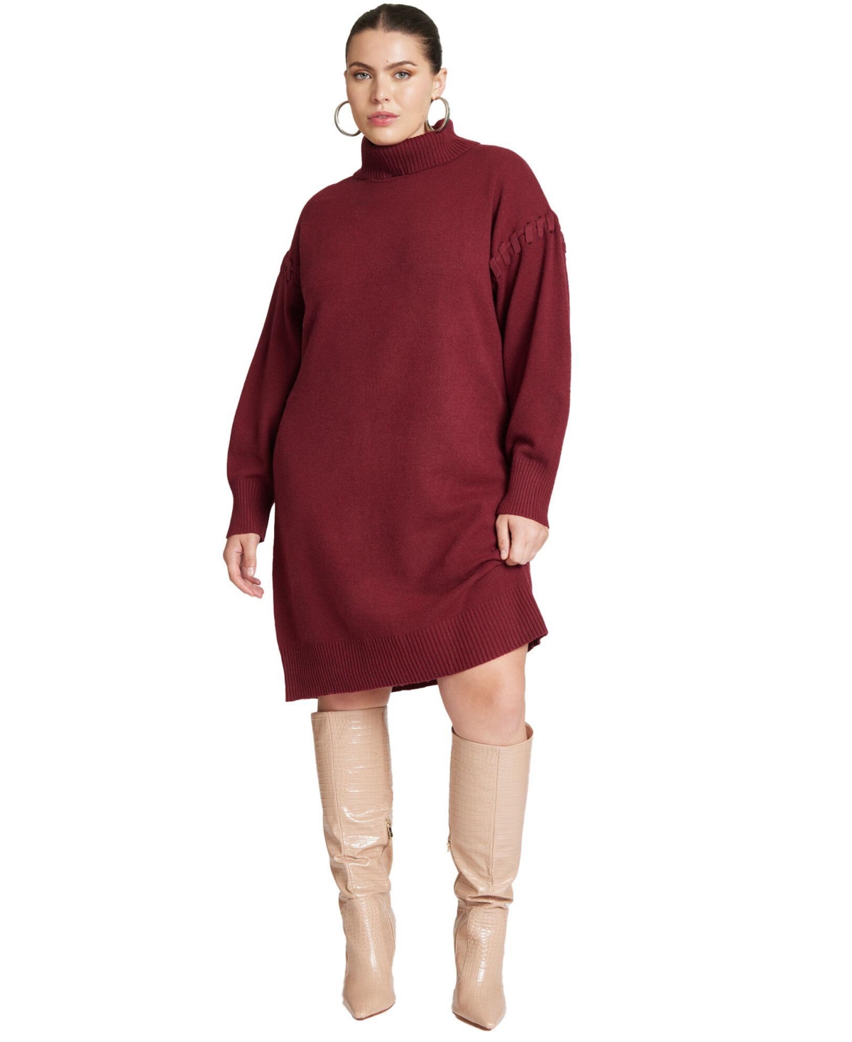 Plus Size Sweater Mini Dress With Lace Detail - Bordeaux