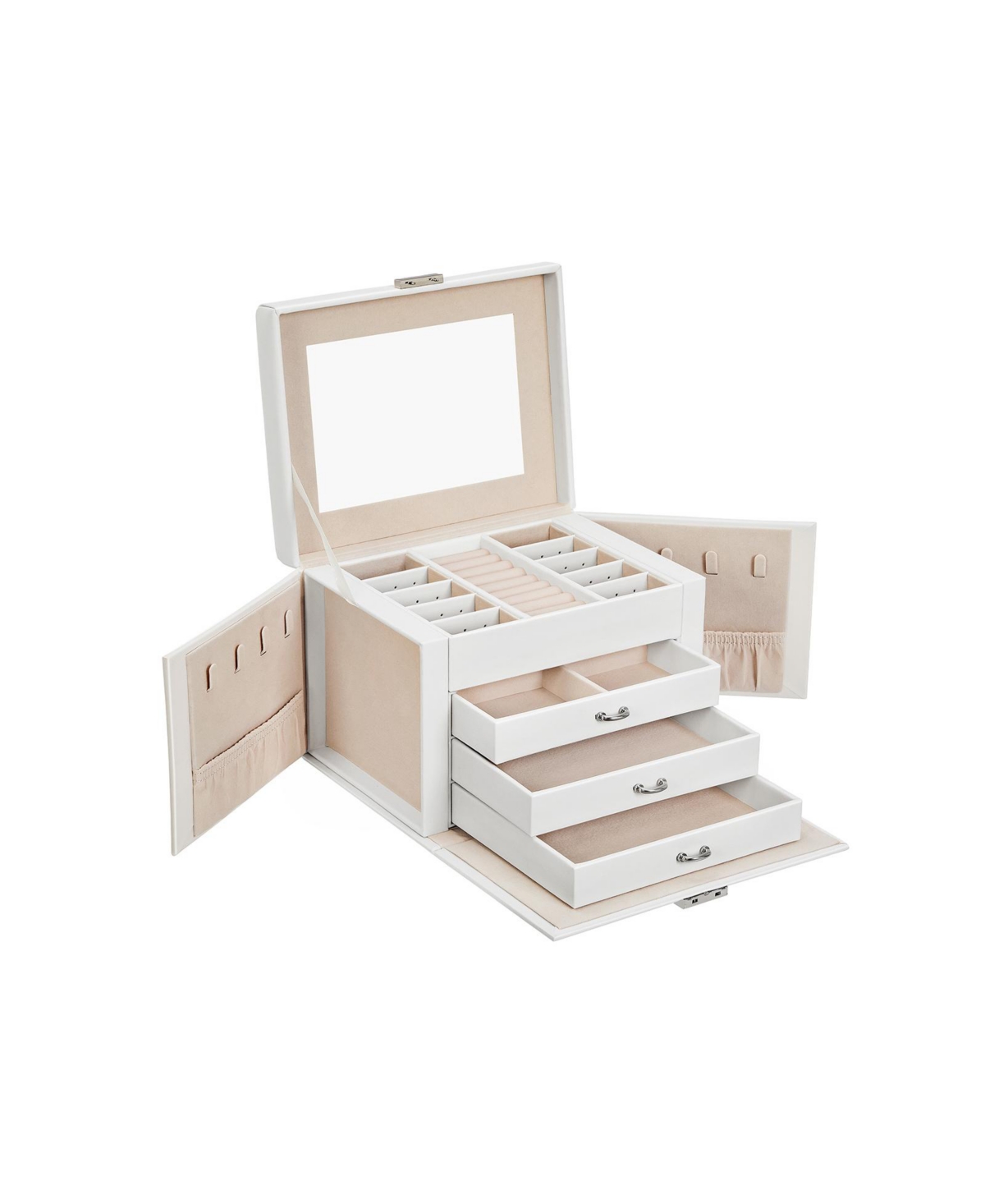 Jewelry Box, Jewelry Organizer 4 Levels, Lockable Jewelry Storage Case with Trays, Velvet Lining - White