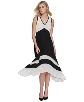 karl lagerfeld black and white dress Women's Collared Contrast Trim Knee-length hugging silhouette and refined contrast piping Sleeveless Karl Lagerfeld Black And