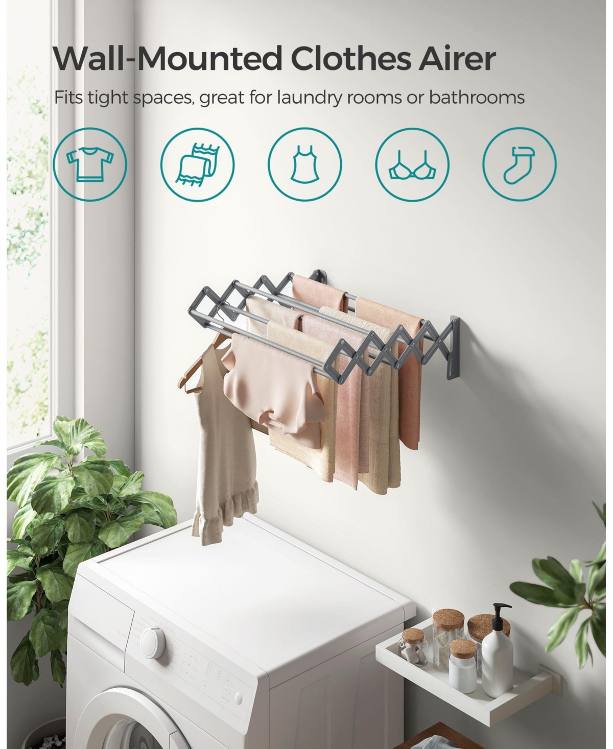 Slickblue Wall-Mounted Drying Rack Clothing, 9 Staggered Hanging Rods, Expandable and Retractable, Steel