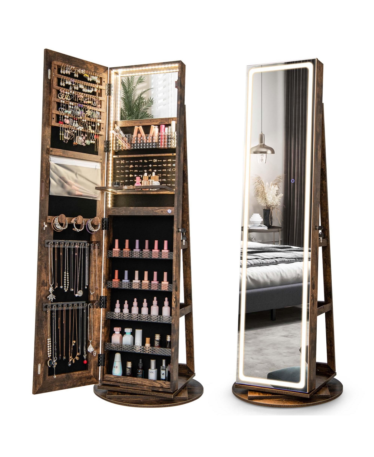 360&#xB0; Swivel Jewelry Cabinet Organizer 3-Color Led Mirror with Built-in Lights - Brown