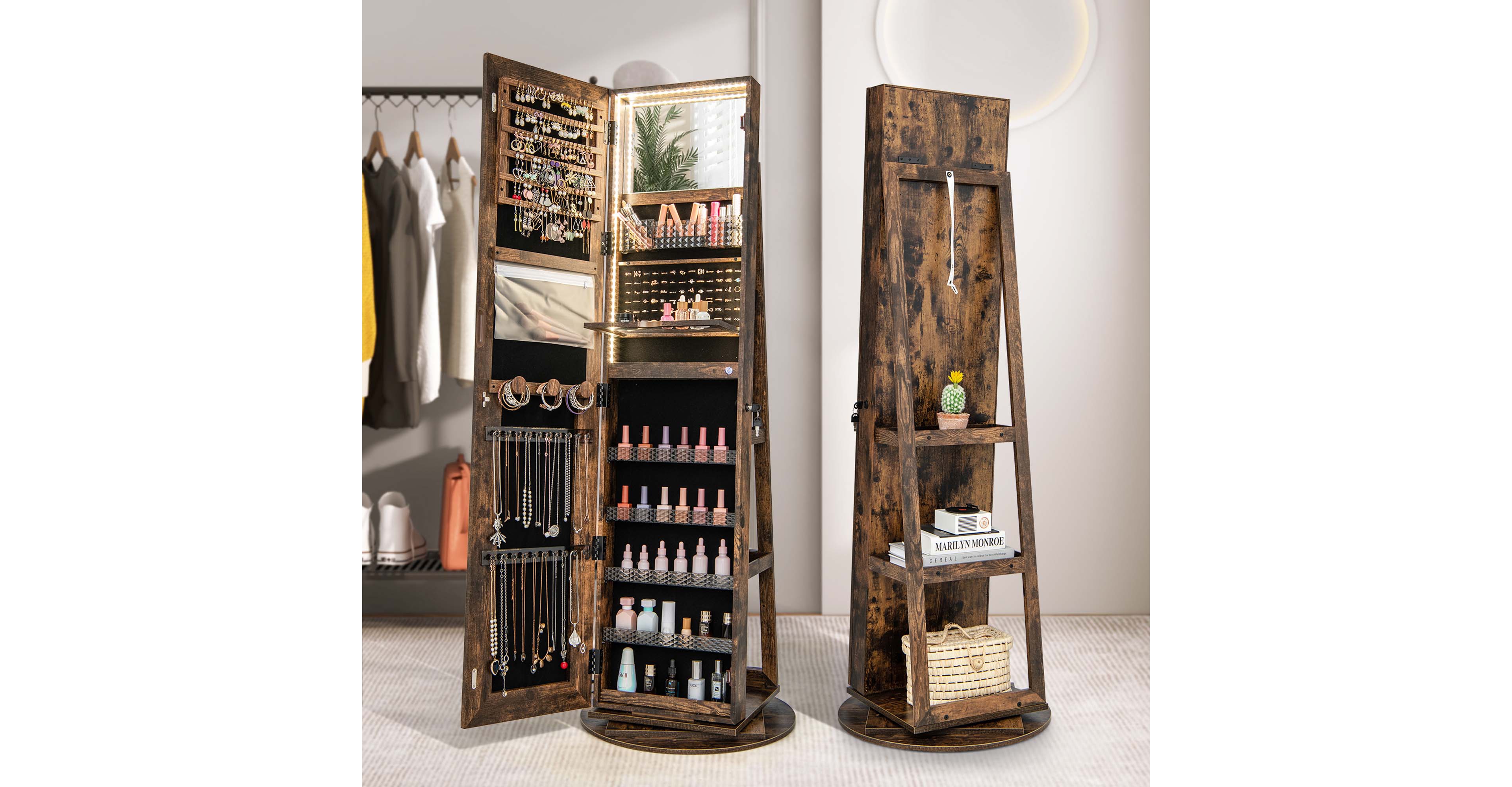 Costway 360° Swivel Jewelry Cabinet Organizer 3-Color Led Mirror with Built-in Lights